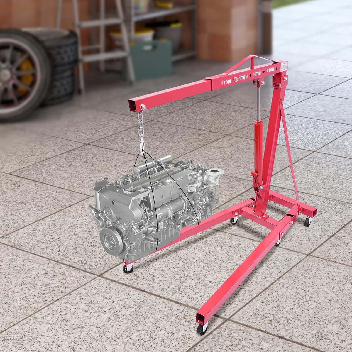 Folding Engine Crane 1 Ton Folding Engine Hoist 2200lbs Hydraulic Crane with 6 Iron Caster Wheels for Garage, Workshop (Red)