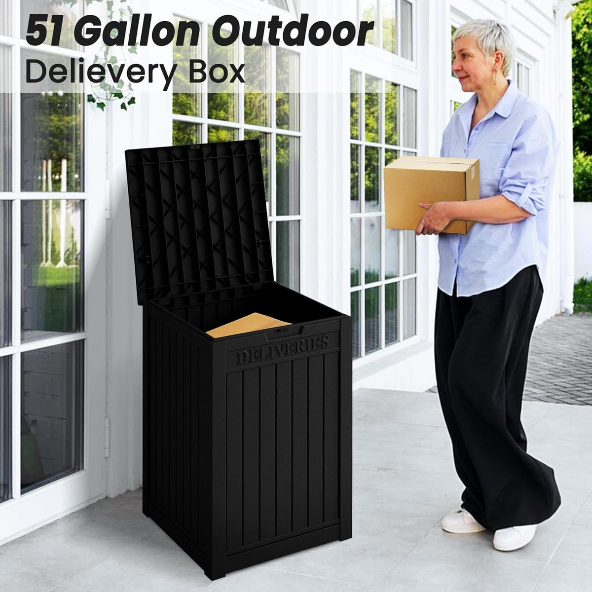 55 Gallon Lockable Resin Deck Box, Waterproof & UV-Resistant Outdoor Storage Box for Cushion Storage and Delivery Box, Black