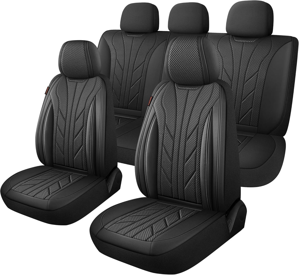 CAROMOP Luxury Faux Leather&Fabric Car Seat Covers Full Set with Breathable 3D Foam Back Support,Universal Comfortable Seat Covers for Cars,Trucks,SUVs, Front Armrests Compatible(5-Seat Black)