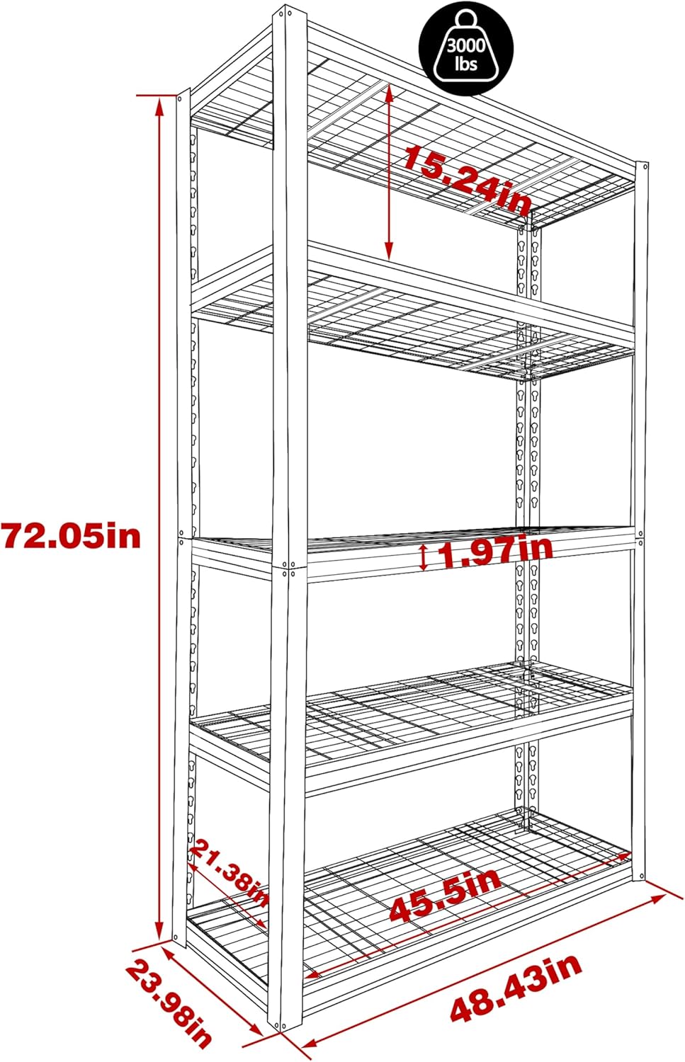MUPATER 48.43" W x 23.98" D x 72.05" H Metal Storage Shelves, 5 Tier Shelves and Adjustable Shelves, Garage Shelving Unit, Standing Utility Shelf Racks for Garage Warehouse Kitchen