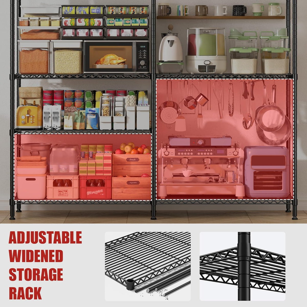 REIBII 61.7''W Storage Shelves Load 1220LBS Wire Shelving Unit 4 Tier Metal Shelving for Storage Rack Shelves Heavy Duty Garage Shelf Pantry Shelves Kitchen Shelving, 61.7" W*62.9" H*15.8" D, Black