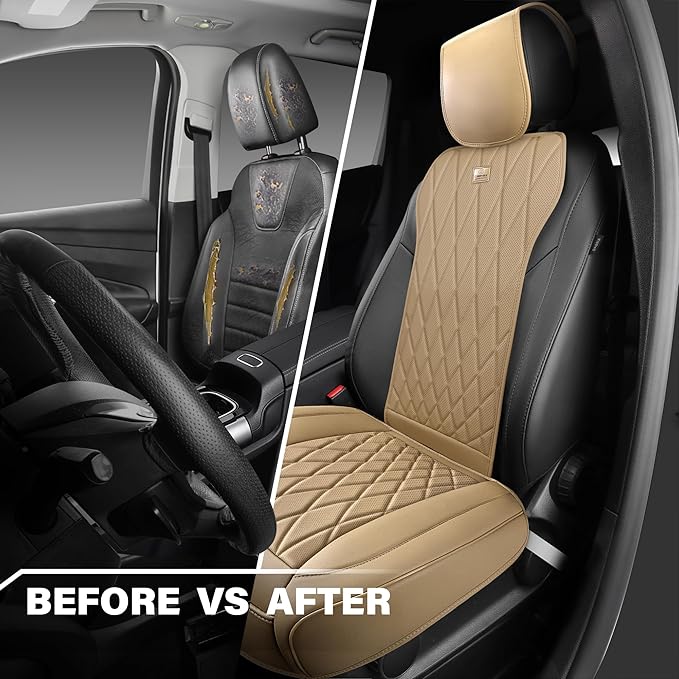 CAR PASS Luxury Nappa Leather Front Car Seat Covers, Sideless Car Seat Protectors with Storage Pocket, Non-Slip Automotive Seat Cover for Cars Trucks SUV, Airbag Compatible, 2 Pack (Beige)