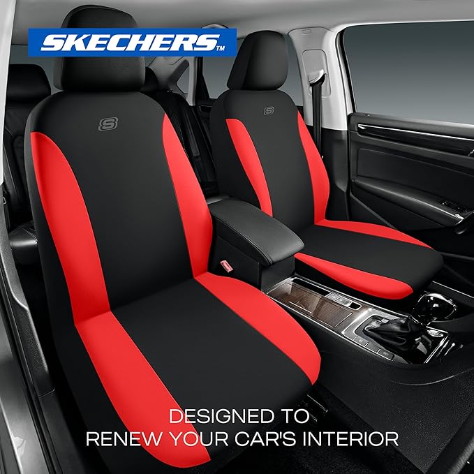 Skechers Seat Covers, Premium Breathable Polyester Car Seat Covers, Car Seat Covers Full Set Airbag Compatible, Automotive Comfort for Most Cars, Vans, Trucks, SUVs (Full Set, Red)