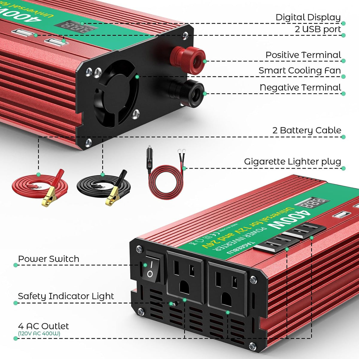 400W Power Inverter, DC 12V/24V to 110V AC Car Inverter for Truck, Home, Vehicles, Laptop, Trip
