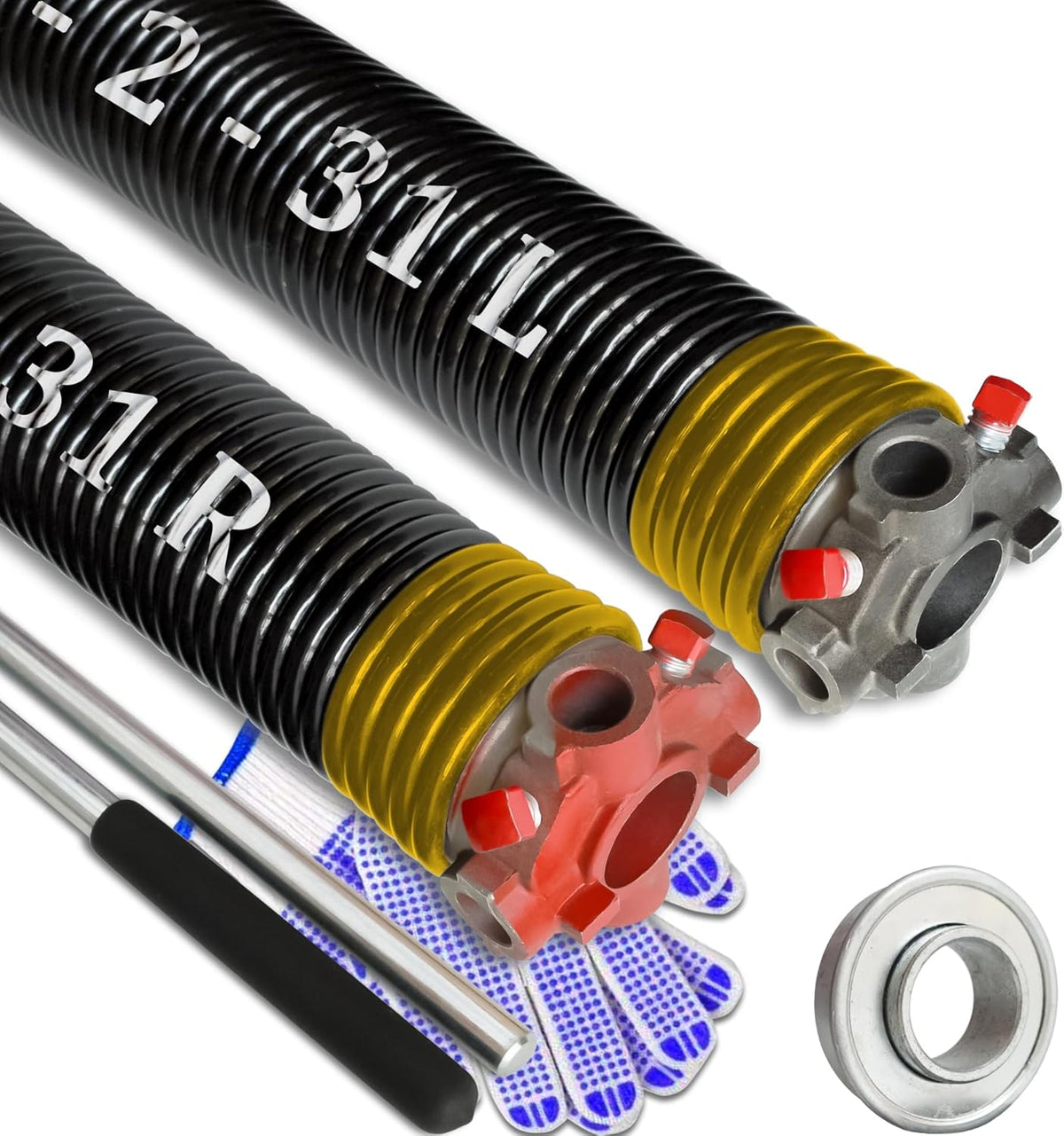 Garage Door Torsion Spring Set, Pair of 2" Electrophoresis Coated Garage Door Spring Replacement with 2 Non-Slip Winding Bars and Bearing, Minimum 16000 Cycles (.250x2x31")