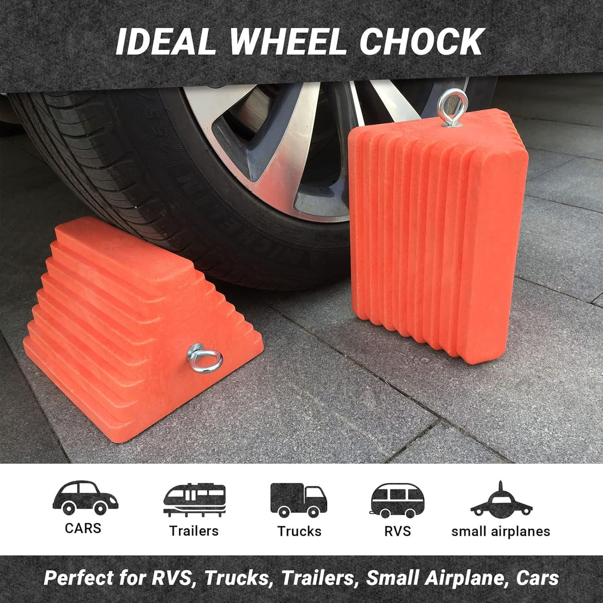 Premium 4 pcs Heavy Duty Wheel Tire Chocks, Vehicle Chocks with Eyebolt for Travel Trailers, Camper, Truck, Car and ATV 4 Pack, Orange
