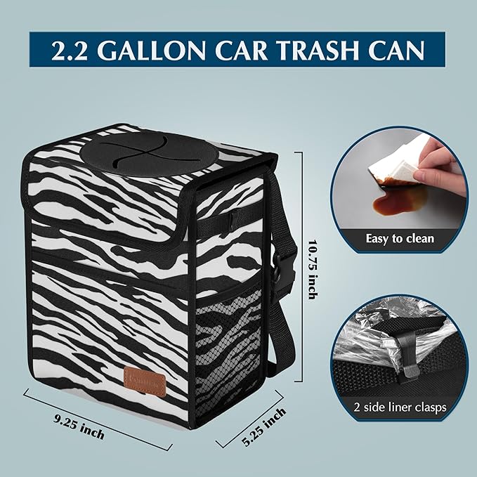 Femuar Car Trash Can with Lid - Leak Proof, Waterproof, Zebra Stripe, SUV Multipurpose Car Hanging for Headrest, Collapsible, Portable with Storage Mesh Pocket