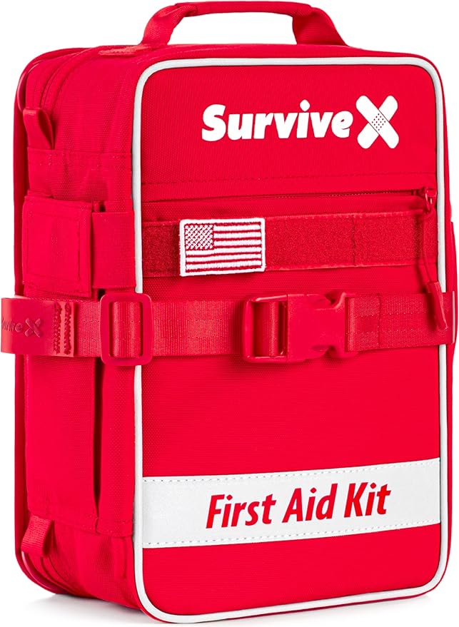 SurviveX Large First Aid Kit for Car, Travel & Home - Emergency Kit for Hiking, Camping, Backpacking and Outdoors - Includes Zip Stitch Wound Closure Strips