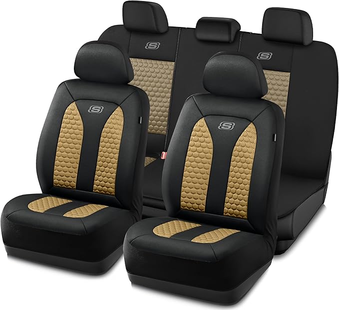 Skechers Memory Foam™ Car Seat Cover Full Sets, Hexcomb Breathable Thick Seat Covers, Airbag Compatible, Automotive Comfort & Protection for Most Cars,Van,Trucks, SUVs (Beige,Full Set)
