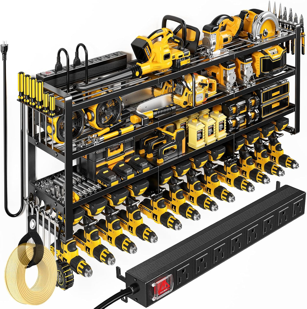 49.5" W Large Power Tool Organizer Wall Mount with Charging Station, 4-Tier Heavy Duty12 Cordless Drills Holder Load 600 lb, Tool Battery Storage Rack Built in 8 Outlet Power Strip for Garage