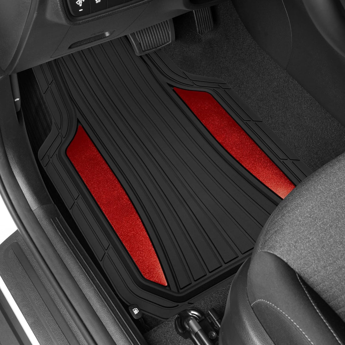 Motor Trend ChromeTech Car Floor Mats Full Set - Durable Rubber Floor Mats for Cars with Two Tone Accent, All Weather Interior Protection for Front and Rear with Non-Slip Backing, Red Chrome