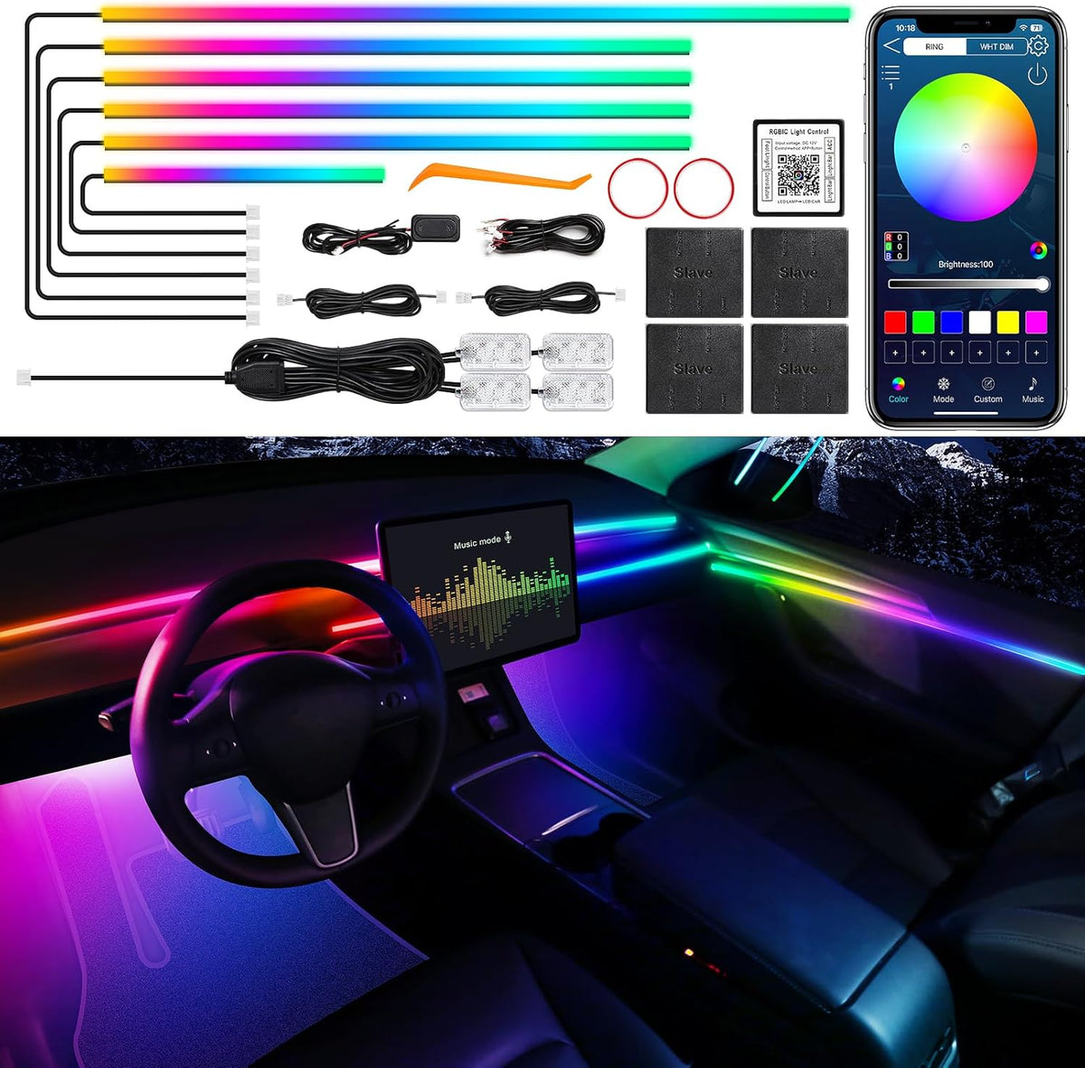 Dreamcolor Acrylic Interior Car LED Strip Light with Wireless APP, RGB 10 in 1 with 175 inches 612 LEDs Fiber Optic Car Ambient Lighting Kits, Dynamic Chasing Music Sync Neon LED Strip Lights for Car
