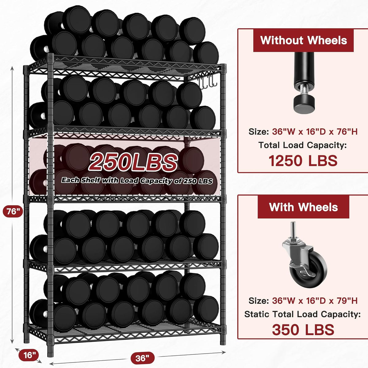 PrimeZone 4 Packs 36" W x 16" D x 79" H Wire Storage Shelves with Wheels, 5 Tier NSF Certified Heavy Duty Adjustable Kitchen Shelving Unit, Pantry Organizer Rack Rolling Metal Shelf for Garage Closet