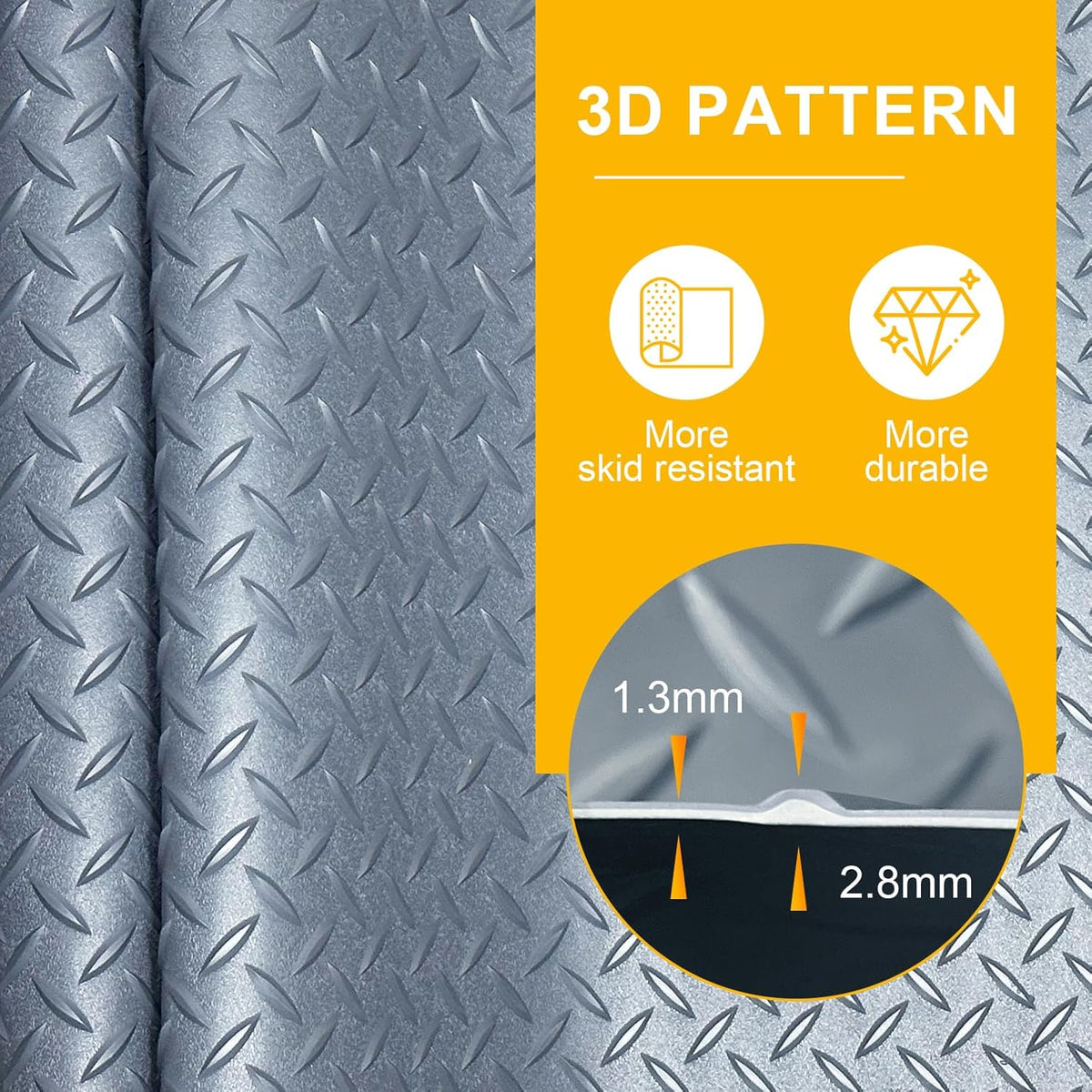 7.5x25 FT Garage Floor Mat, Updated 2.8mm Thicked Flooring Roll with 20Pcs Tapes, 188 sqft Diamond Plate PVC Rubber Trailer Mat, Non-Slip Floor Protector Mat for Garage Warehouse Gyms (Matte Grey)