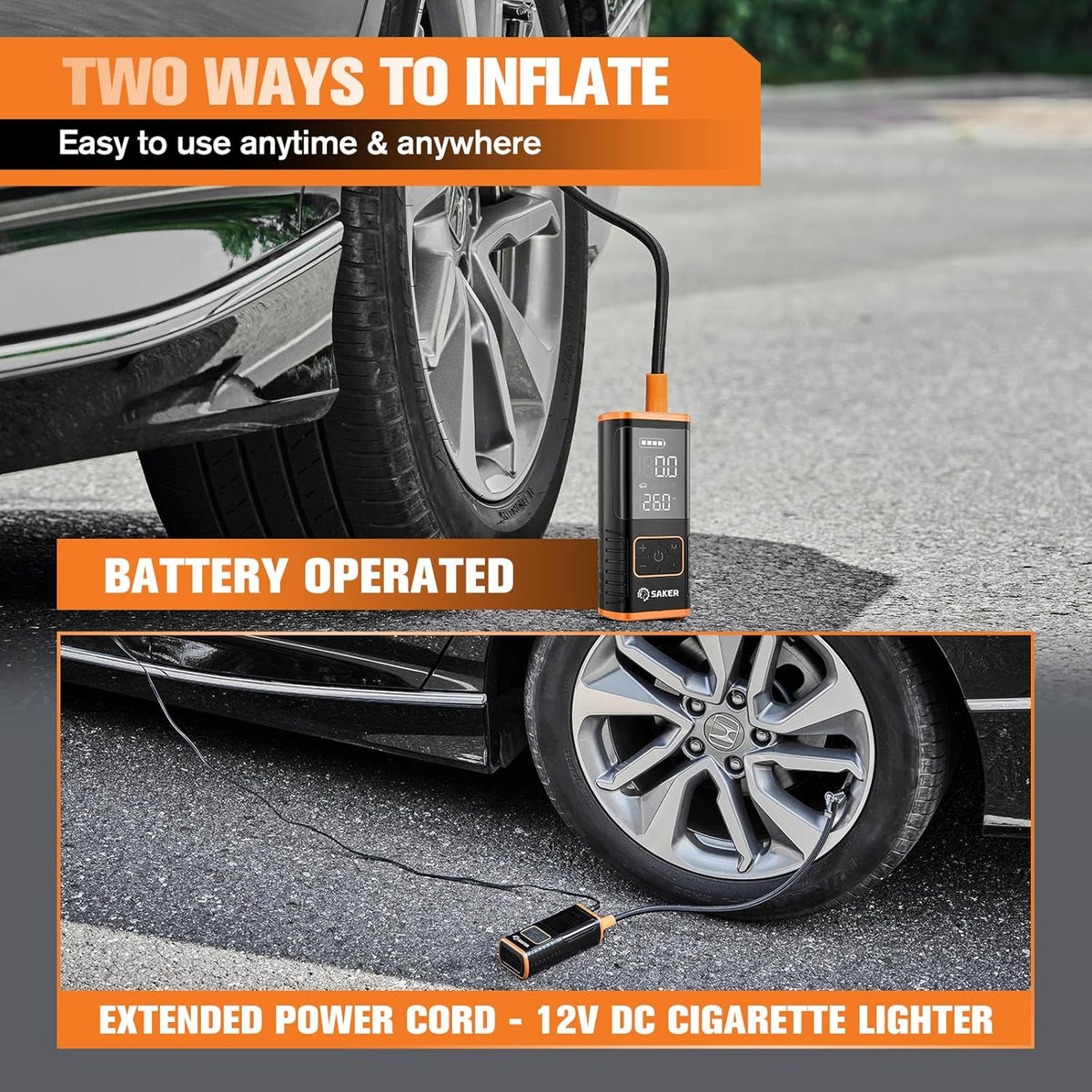 Saker Tire Inflator Portable Air Compressor - 150PSI Car Tires Air Pump with Tire Pressure Gauge Led Light, 7500mAh Battery & 12V DC Smart Tire Inflator for Car, Motorcycle, Bike Tire, Ball