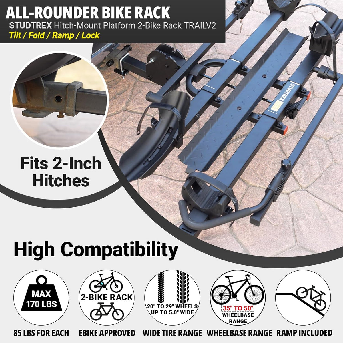 TRAILV2 Hitch Mount 2-Bike Rack with Bike Ramp - Tilt, Fold, Anti-Theft Hitch & Wheel Lock, 170lbs Capacity, 2-Inch Receiver, Up to 5.0" Fat Tire, Electric Bike Rack for Car, SUV, RV, Truck