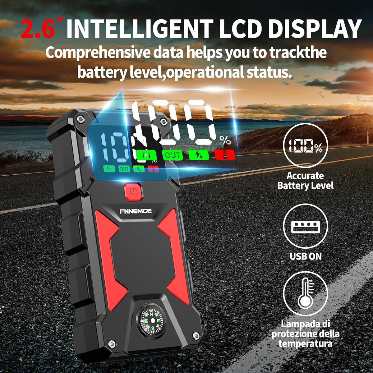 Car Jump Starter, 5000A Peak 24800mAh 12V Car Battery Starter(Up to All Gas, 8.0L Diesel Engine), with with USB Charge Output Port,LED Light,HD Large Screen,12V EC-5 Output.