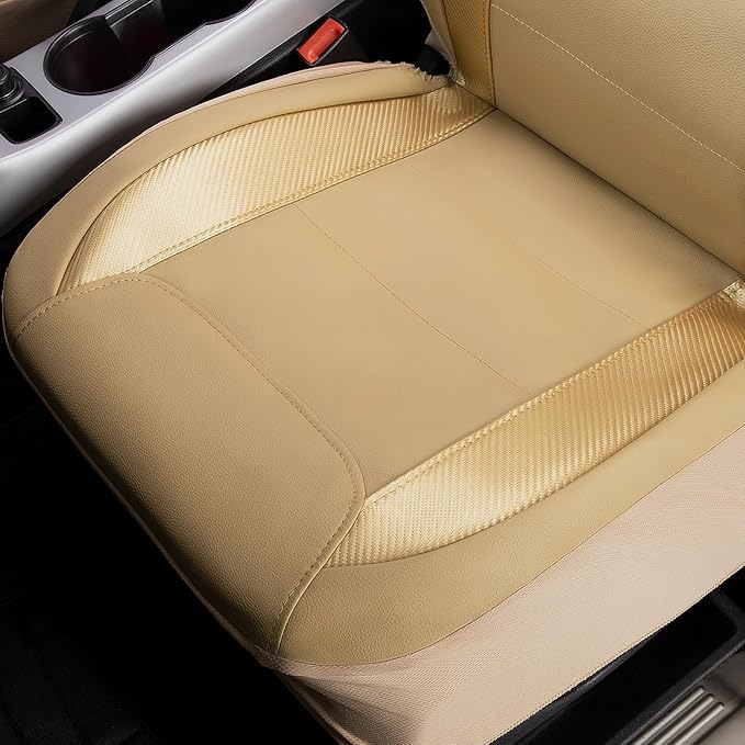 Flying Banner car seat Covers Protects Water Proof Faux Leather Carbon Fiber Fronts Golden Beige (Beige Golden, Front Pair)