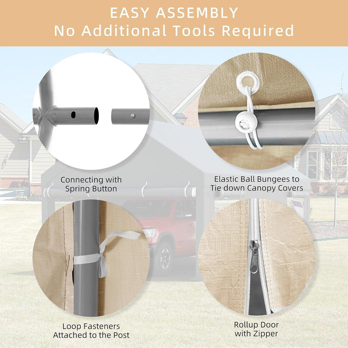 JY QAQA Carport, 12x20 FT Heavy Duty Carport with Removable Side Walls and Doors, Portable Garage with Roll-Up Window and Sandbags, Car Canopy with All-Season Tarp for Cars, Boats, Trucks, Khaki
