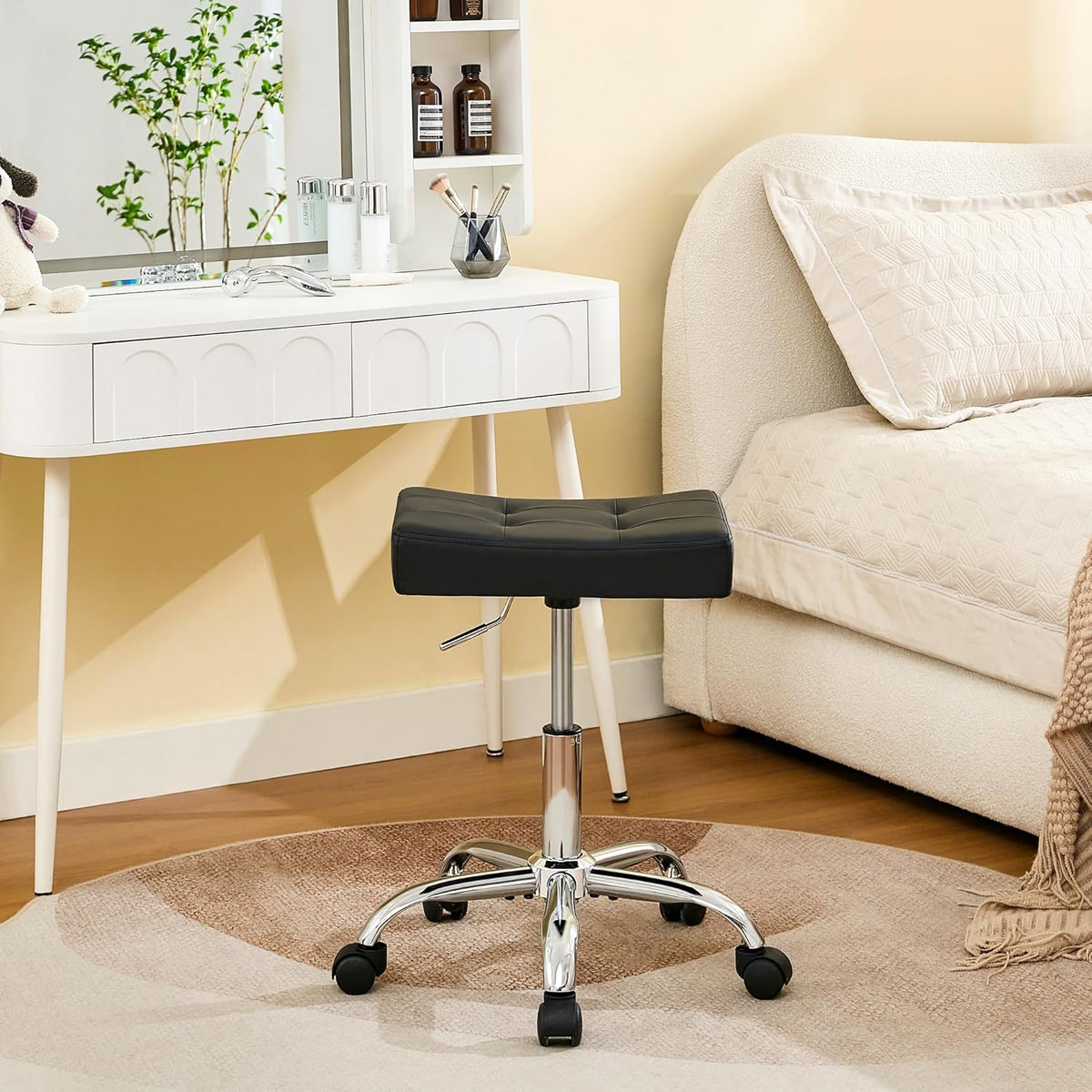 Ergonomic Rolling Shop Stool (Adjustable Height 17-21 inch) Salon Stool for Hair Stylist (Black)