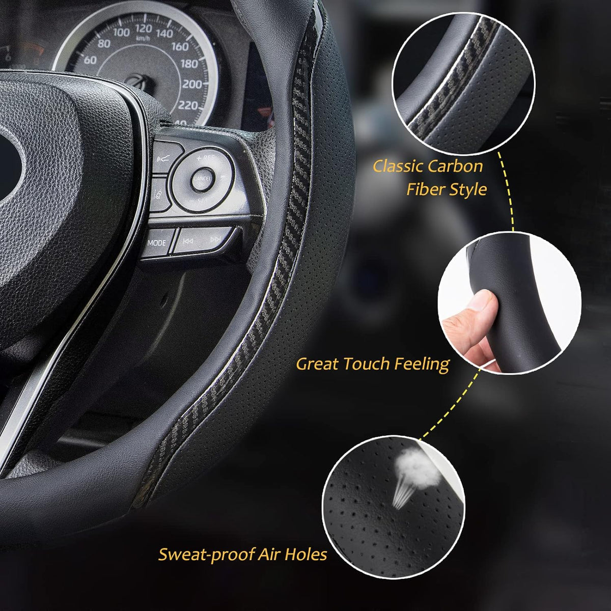 Car Steering Wheel Cover Black, 14-14.5 inch Steering Wheel Covers with Coasters Microfiber Leather Carbon Fiber Breathable Anti-Slip Durable Universal Auto Steering Wheel Protective
