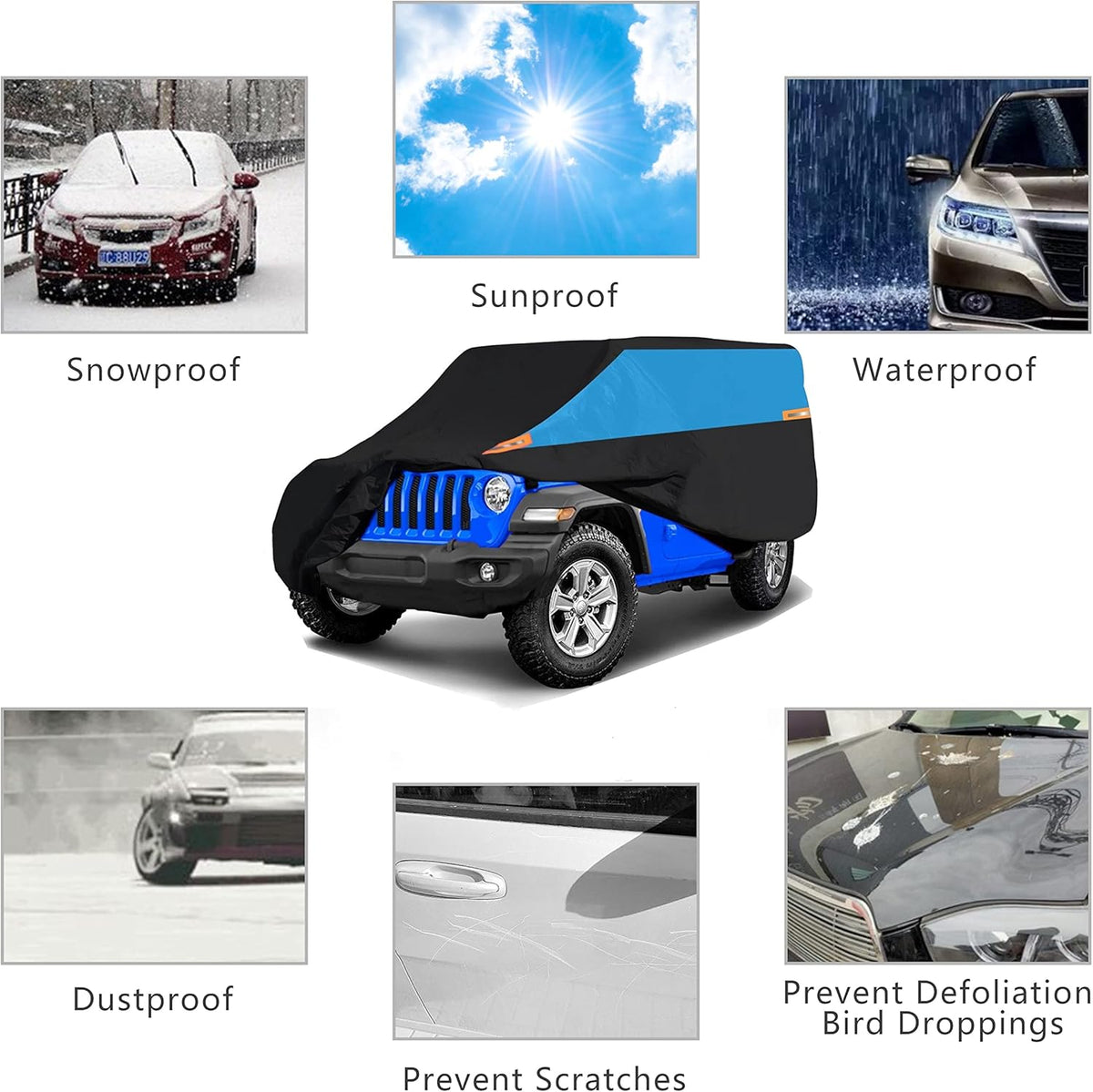 MORNYRAY Compatible with Jeep Wrangler 2 Door, Waterproof Car Cover All Weather Snowproof UV Protection Windproof Outdoor Full car Cover, Universal Fit for (Wrangler 2Door, Blue)