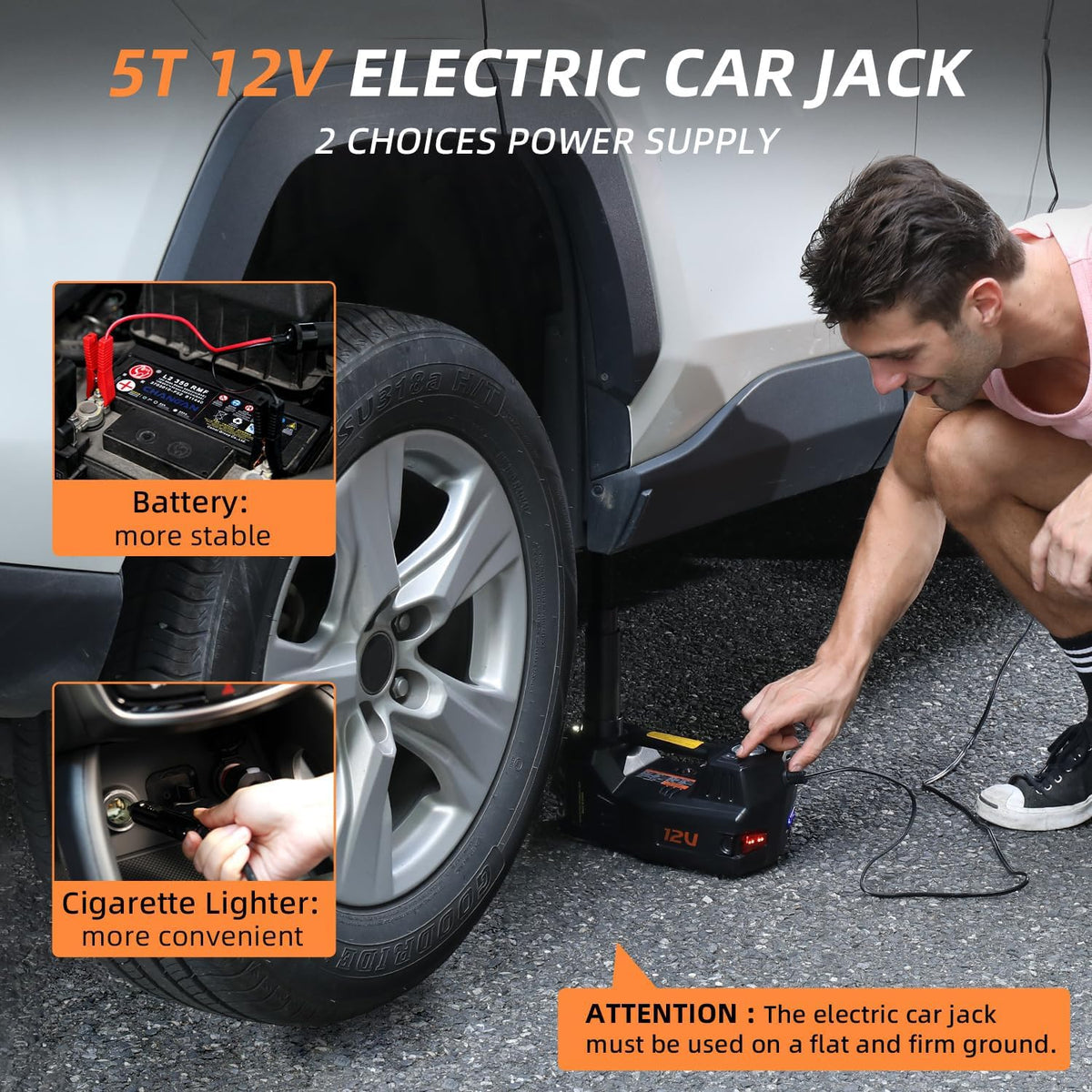 STANDTALL Electric Car Jack Kit 5 Ton 12V Hydraulic Floor Jack with Impact Wrench and Tire Inflator Pump Lift Jack with LED Light for SUV Sedan Truck Road Emergency Tire Change