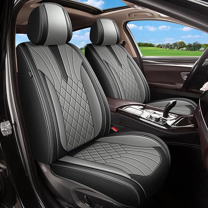 Car Seat Covers Front Pair for Subaru Ascent 2019-2024 2025 2026: Breathable Perforated Leather Seat Cover (Black&Grey)