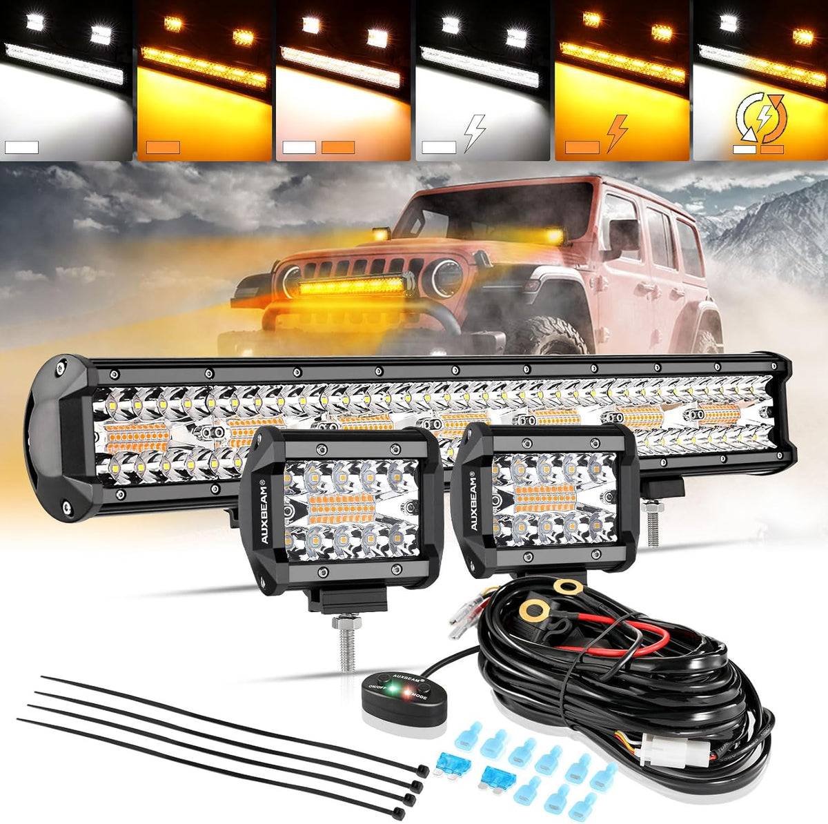 Auxbeam 20" 420W LED Light Bar w/ 2x 4" 120W Pods, Amber/White Strobe Off-Road Fog Lights, 6 Modes, Memory Reset, Spot/Flood, Yellow, Ditch Light for Truck Car ATV