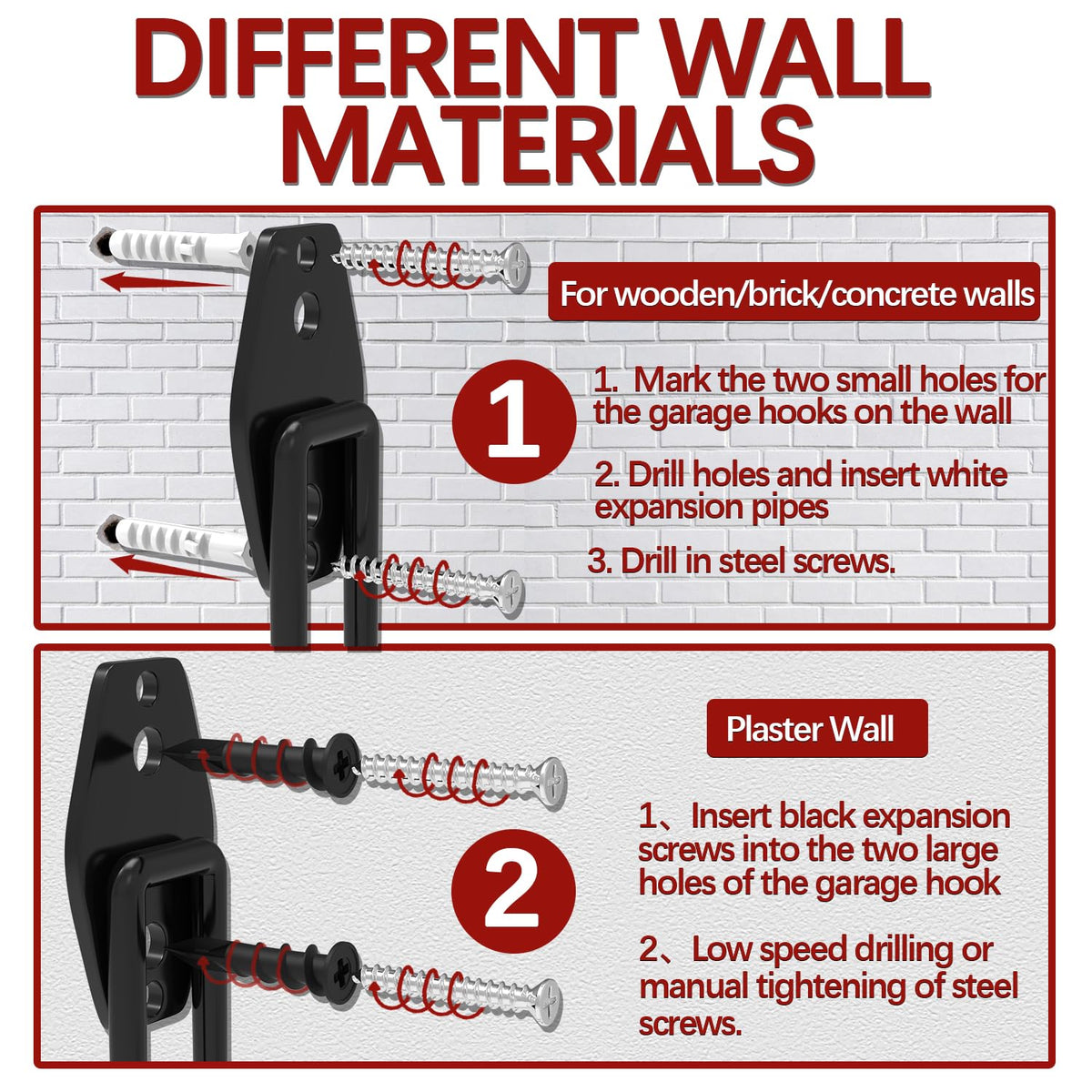 3-H Garage Wall Hooks 14 Pack,Garage Hooks Heavy Duty with Extra Welding Spots,Garage Hooks for Hanging,Garage Organizer for Garden,Lawn,Yard Tools,Chairs,Ladders,WeedEater,Shovel,Blower(Red)