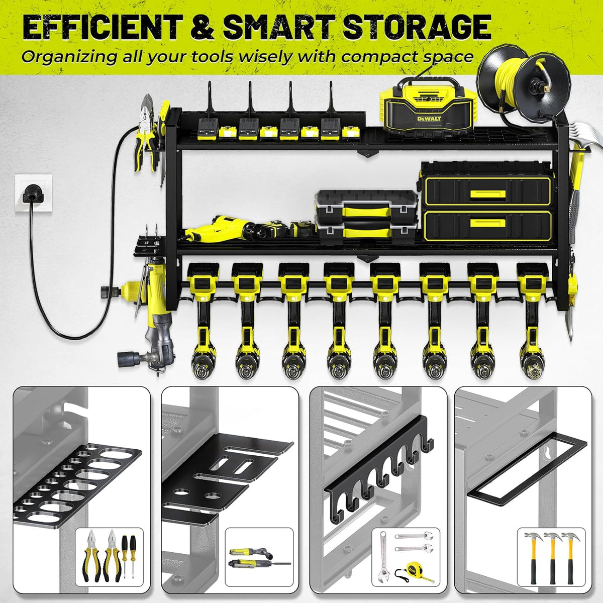 KAFAHOM Power Tool Organizer with Charging Station. 8 Drill Holder 3 Layers Tool Storage Shelf Wall Mount Built in 8 Outlet Power Strip.Tool Battery Holder with Screwdriver/Hammer