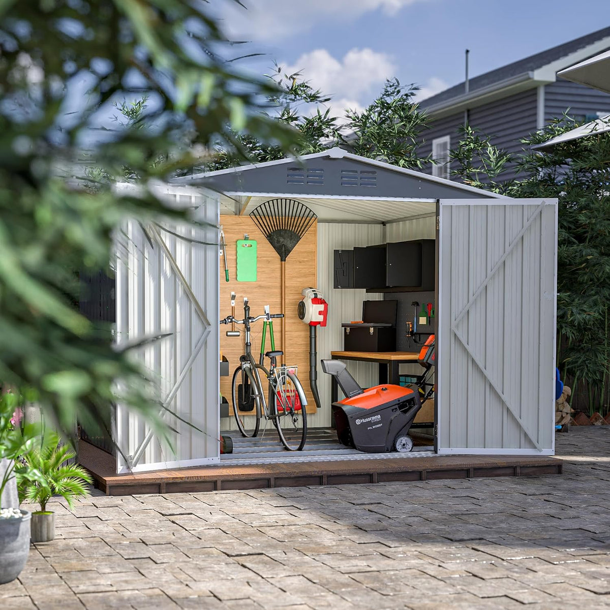 8 x 6 FT Outdoor Storage Metal Shed, Bike Garden Tool Shed with Slooping Roof, Lockable Doors and Aluminum Frames, Shed Easy to Assemble for Garden, Patio, Lawn, Grey