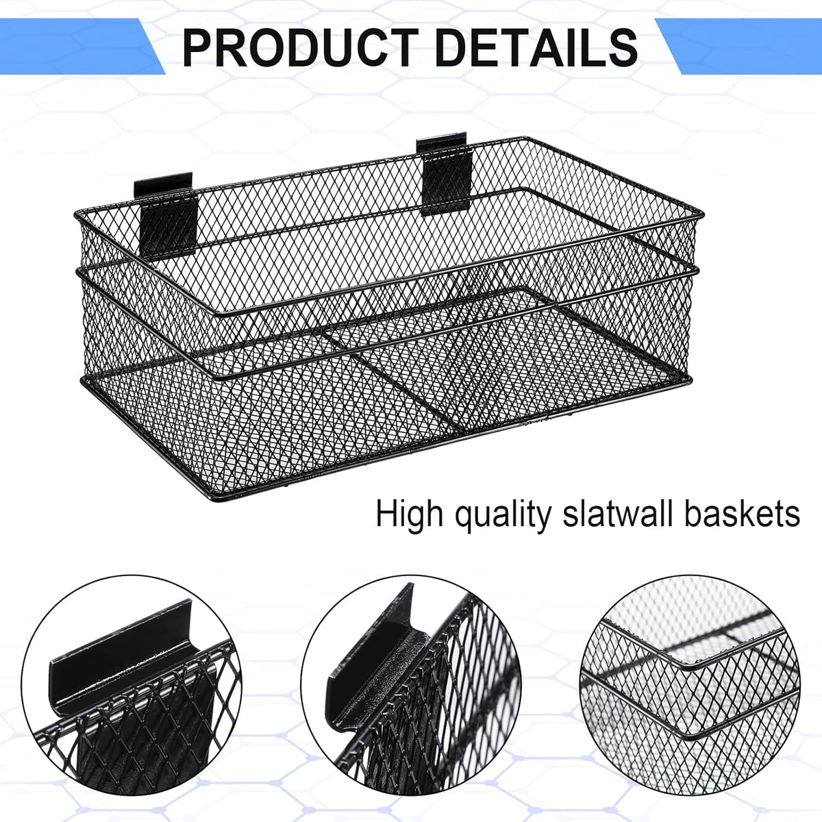 Barydat 4 Pcs Slatwall Basket Set Ventilated Metal Slatwall Basket Hanging Wire Bins Wall Mounted Accessories for Panel Garage Storage Display Organizing(Multi Size,Black)