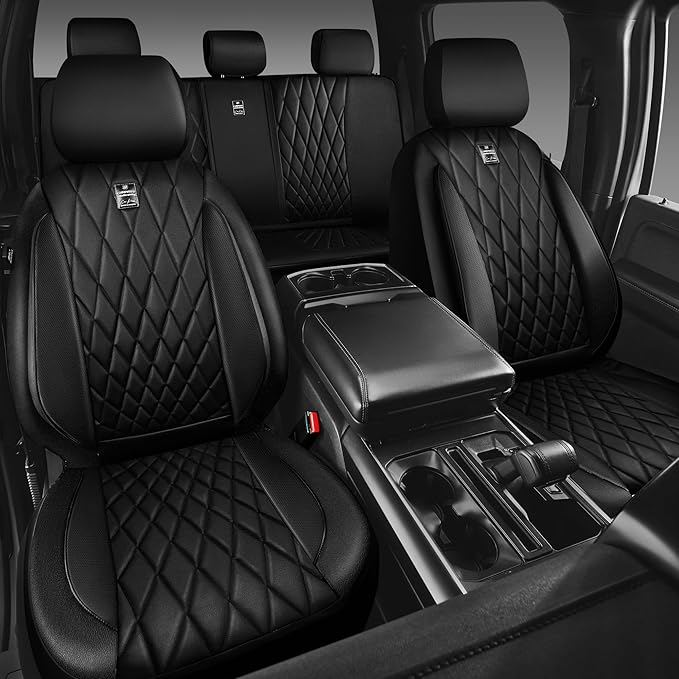 CAR PASS 5 Seats Piping Luxury Faux Leather Seat Covers Full Set, Anti-Slip Waterproof Seat Covers Compatible with Front Armrests, Universal Fit for Suvs,Vans,Trucks,Airbag Compatible, Pure Black