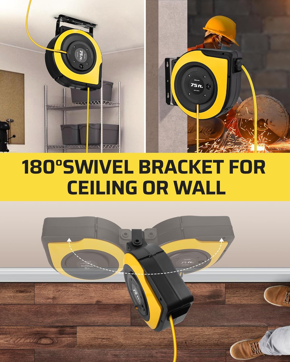 DEWENWILS Retractable Extension Cord Reel, 75 FT Heavy Duty Power Cord, 14/3C SJTOW Retractable Cord Reel, Lighted Triple Outlets, 10A Circuit Breaker, Wall/Ceiling Mount, UL Listed, Yellow