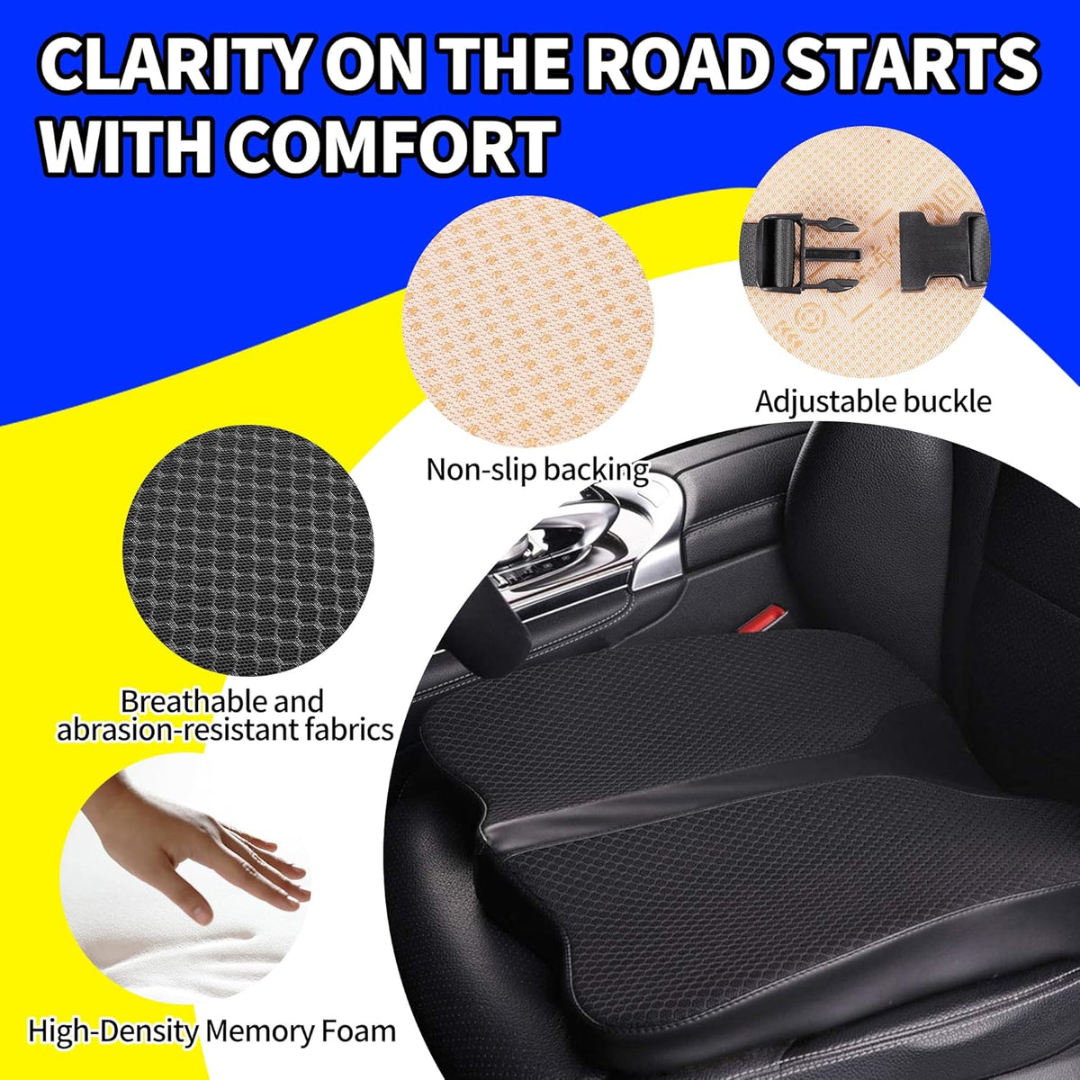 Car Seat Cushion - Comfort Memory Foam Seat Cushion for Car Seat Driver, Tailbone (Coccyx) Pain Relief, Car Seat Cushions for Driving (Black)