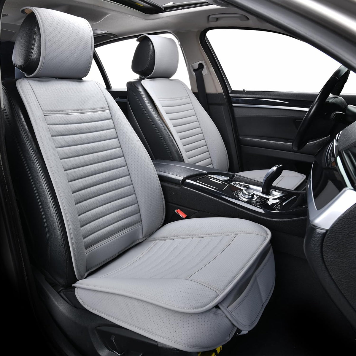 2pc Car Seat Covers, Luxury Car Protectors, Universal Anti-Slip Driver Seat Covers, Edge Wrapping Front Car Seat Covers with PU Leather(Gray)