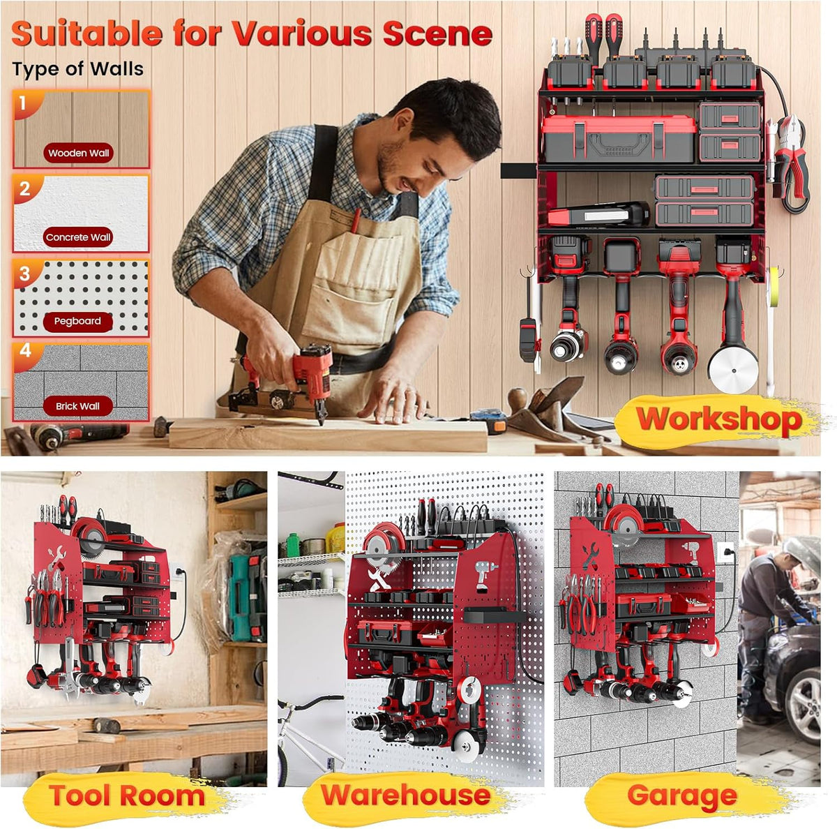 𝟐𝟎𝟐𝟓 𝐔𝐩𝐠𝐫𝐚𝐝𝐞𝐝 Power Tool Organizer Wall Mount with Charging Station [5-Layer Loads 220lbs Heavy Duty] Metal Tool Storage Rack Drill Holder,Battery Utility Rack Loads with 6 Power Strip