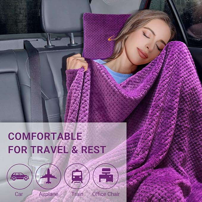 Travel Blanket Pillow-Premium Soft 2 in 1 Airplane Blanket for Long Trips Essentials with Bag Pillowcase, Hand Luggage Sleeve and Backpack Clip (Violet)