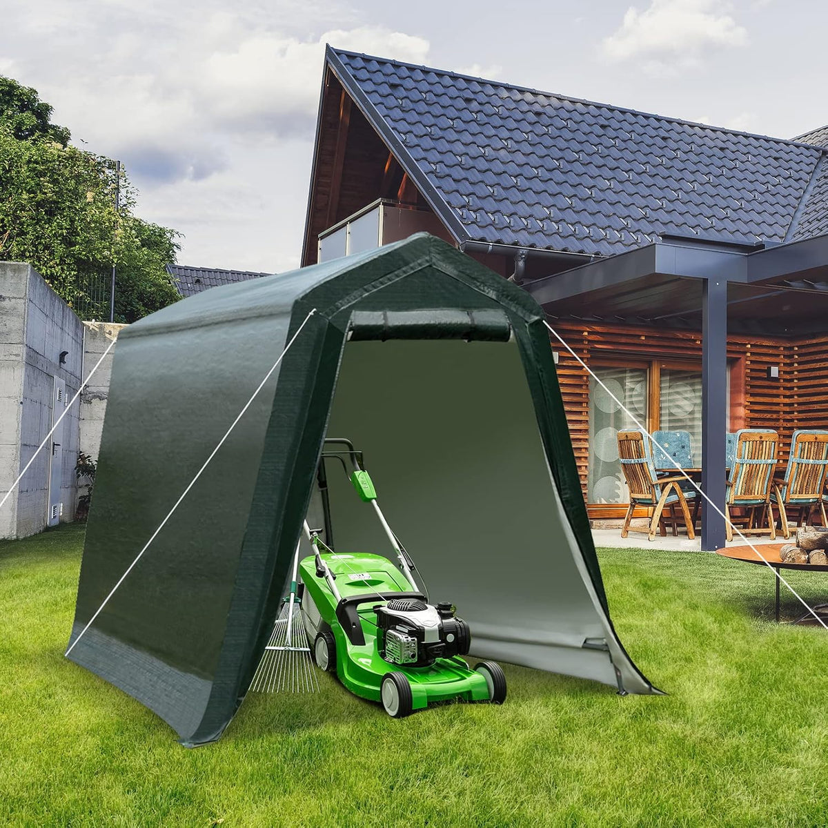 ERGOMASTER 6 Ft x 8 Ft Outdoor Carport Storage Shelter Metal Frame and Waterproof Cover for Motorcycle Cars Garden Tools