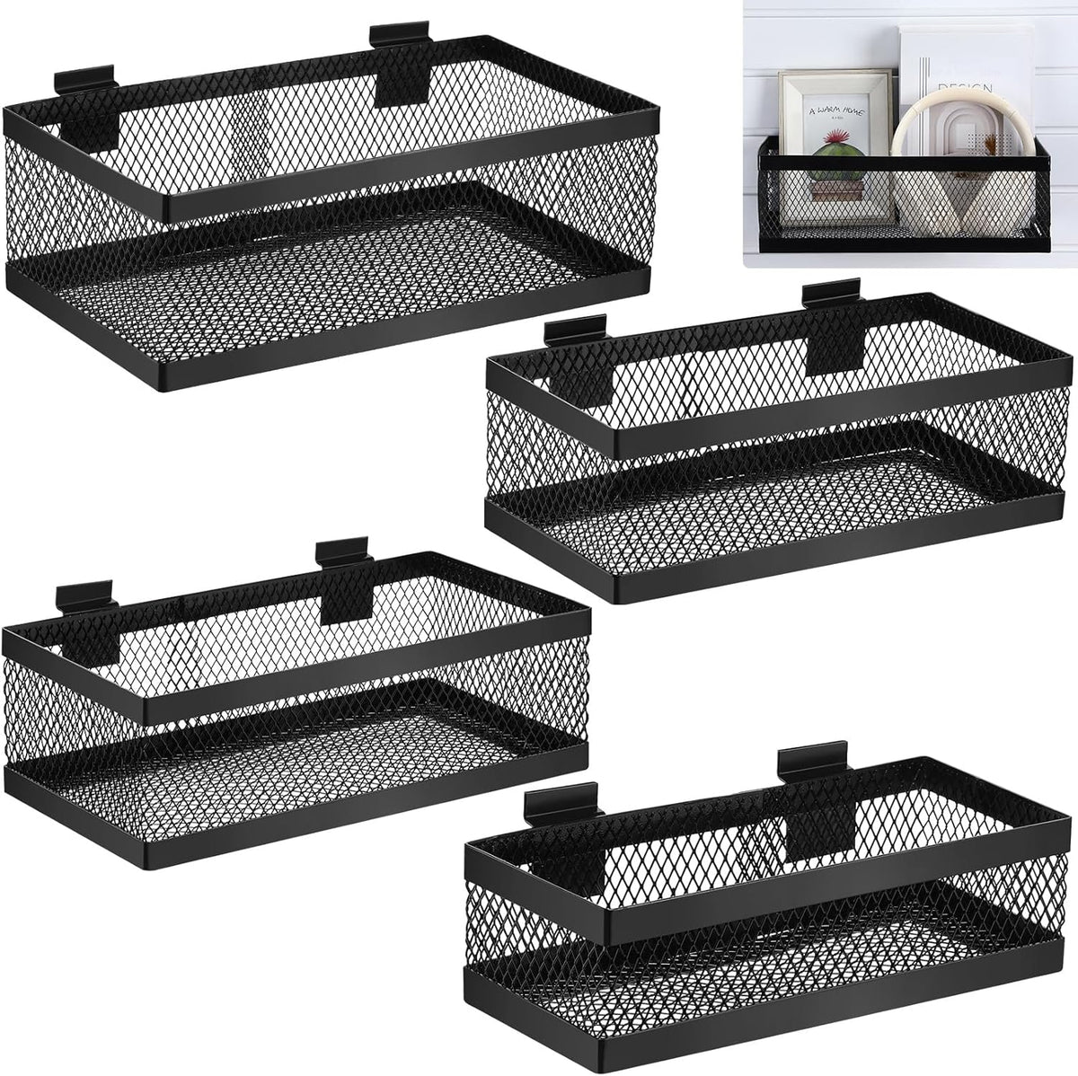 Coume 4 Pcs Black Slatwall Baskets 4 Size Metal Mesh Wire Basket for Slatwall Panels Ventilated Wall Mounted Hanging Accessories for Home Garage Retail Store Display Organizing (Big Size)