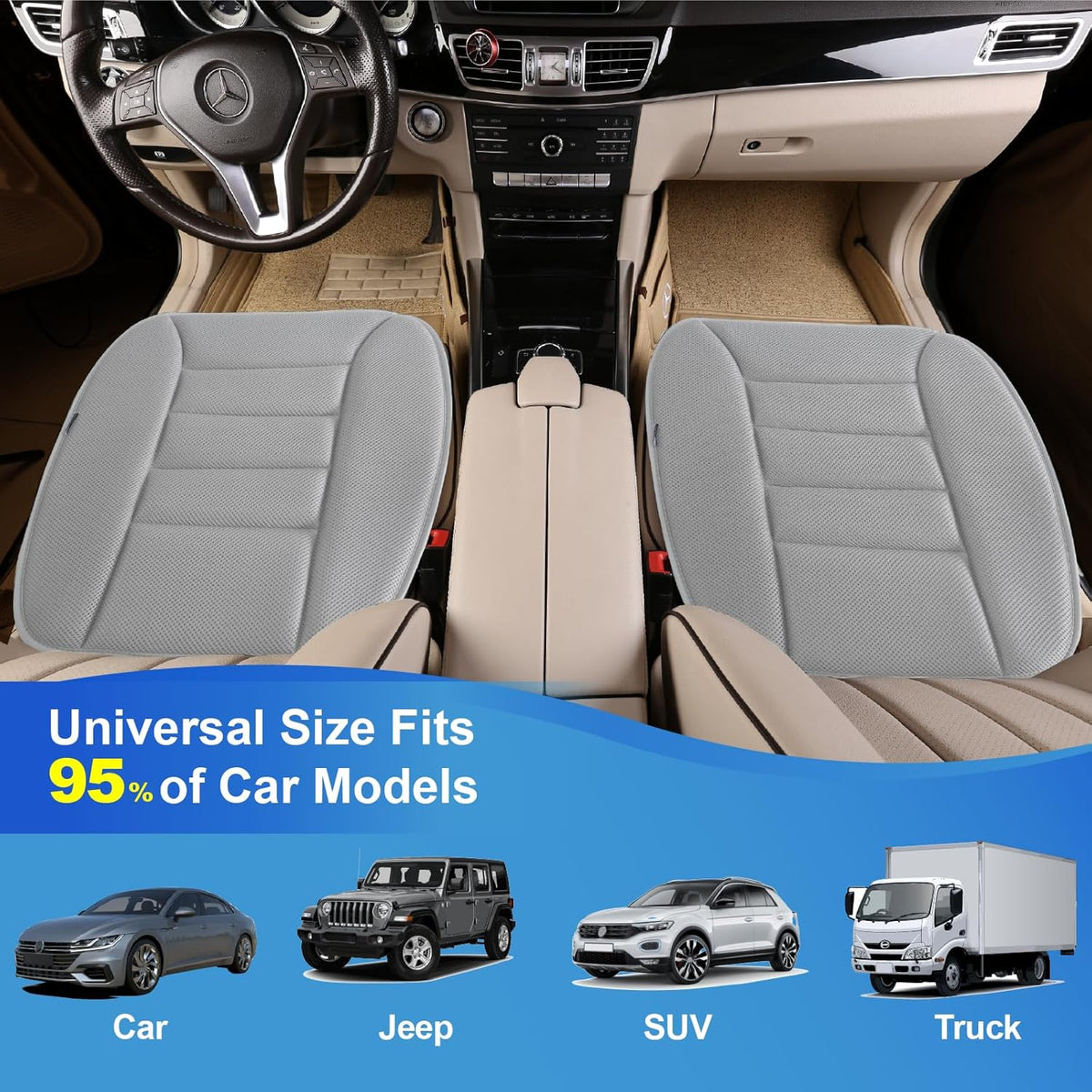Premium Car Seat Cushion, Driver Cushion with Comfort Memory Foam & Non-Slip Rubber Bottom, Car Seat Pad Works with 95% of Vehicles and Office Chair or Home - 4D Gray