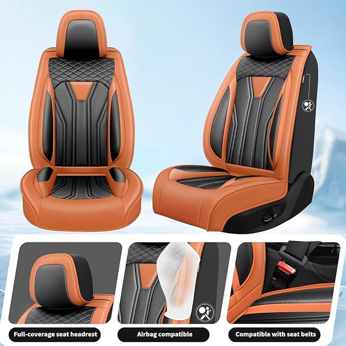 Fit Sonata Car Seat Covers Premium Leather for Hyundai Sonata 2007-2025 2026. Waterproof， Breathable, Scratch-Resistant & All-Weather Seat Cushion Protector（Front Seat,Orange&Black