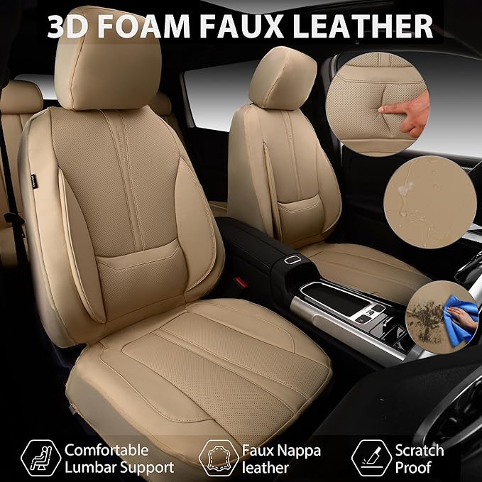 CAR PASS Nappa Leather Seat Covers Full Set, 3D Foam Faux Leather Car Seat Covers with Lumbar Support, Water Resistant Comfort & Universal Fit for Cars SUV Truck Most Vehicles, All Beige