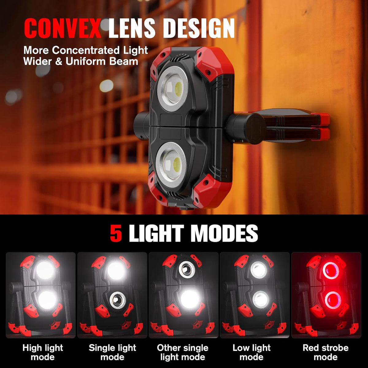 Adelante Rechargeable LED Work Light with Magnetic Bases, 2500LM 6500K 12 Hours Long Lasting, Mobile Charger, 360°Rotating Stand Waterproof USB Portable Flood Light for Mechanics, Repairing