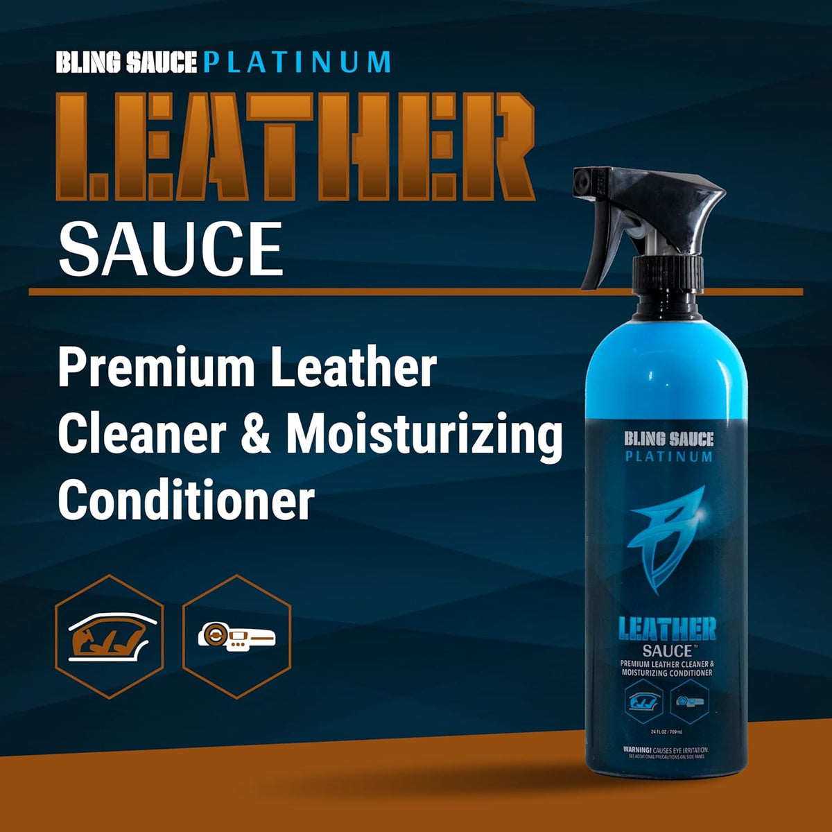 Bling Sauce Platinum: Leather Sauce, 2 in 1 Cleaner and Conditioner for Interior Leather Surfaces, Cars, Trucks, Motorcycles. Nourish Your Leather without the Greasy Look/Feel, Spray On-Wipe Off. 24oz