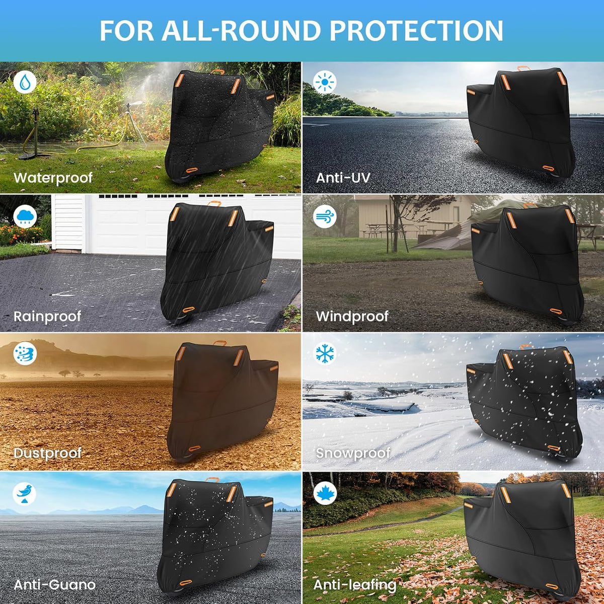 Motorcycle Covers Waterproof Outdoor Storage, Heavy Duty Motorbike Scooter Cover All Weather Protection with 4 Reflective Strips, 2 Lock-Holes, 2 Windproof Buckles (3XL: 95 x 37 x 49 inch)