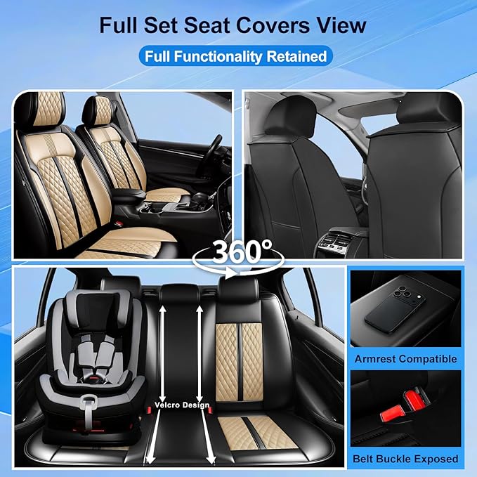 Fit CX-30 Car Seat Covers for Select Mazda CX30 2020-2025, Full Coverage Leather, Airbag Compatible, Luxury Waterproof All Weather Seat Protector, Full Set, Black+Beige