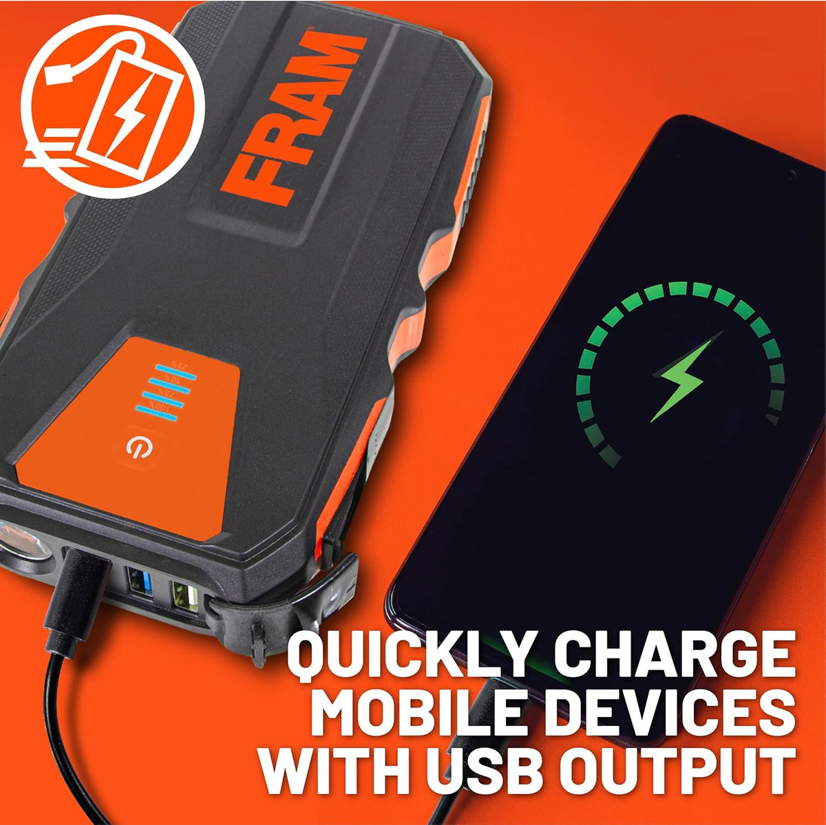 FRAM FEK40008 Car Battery Jump Starter 12000mAh (44.4Wh) Up to 5.0L Gas and 2.0L Diesel Engines, 12V Emergency Car Booster with Jumper Cables, Portable Power Bank and LED Flashlight