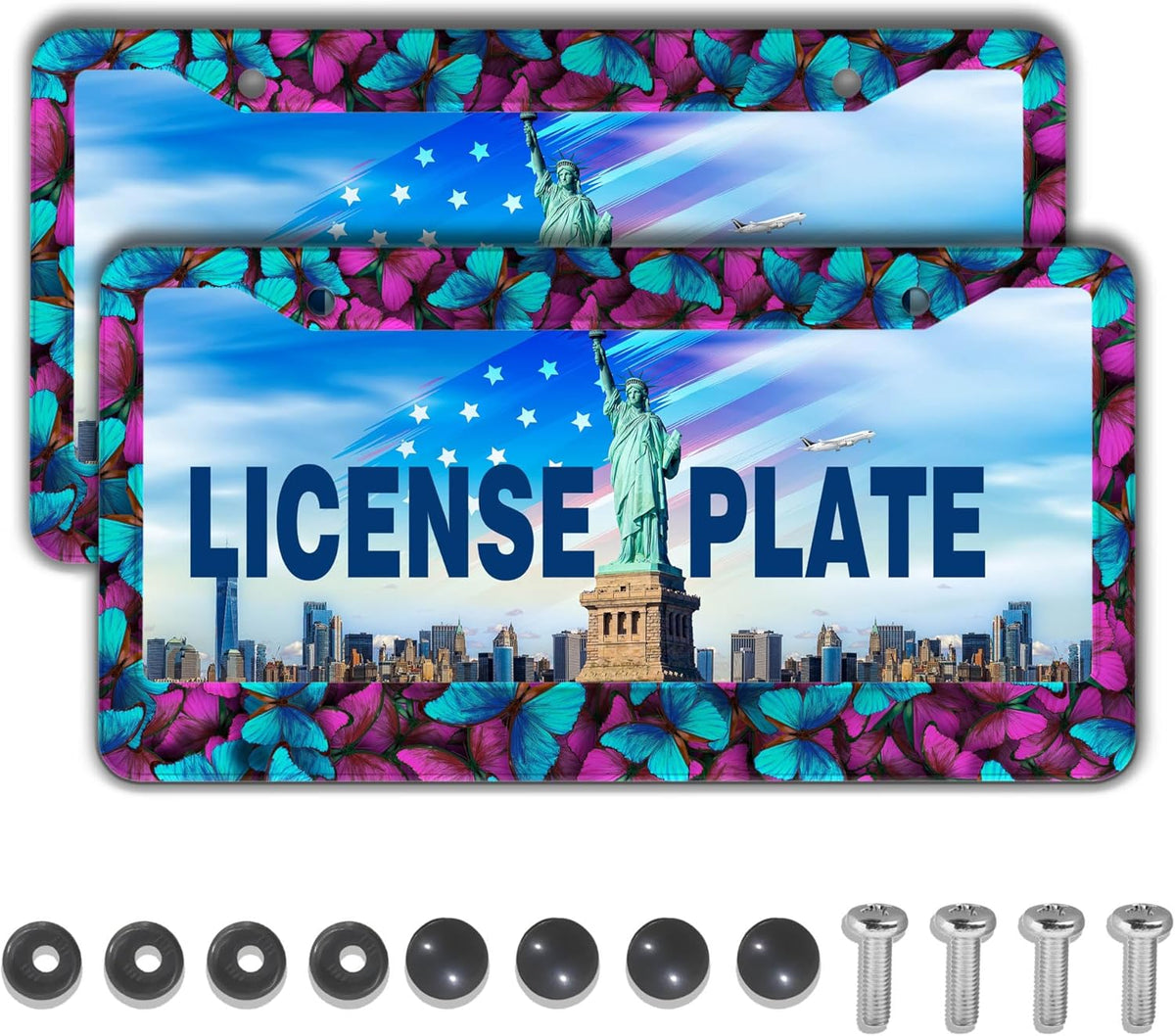 License Plate Frames Multicolor Car Plate Frame for Women Blue Purple Butterfly Women Universal Aluminum Car Accessory 2 Pack with Screw Covers Set